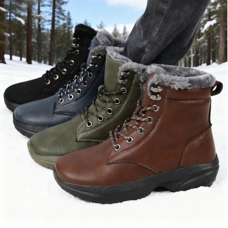 Wide Toe Shoes Snow Boots for Men Winter Fur Lined Ankle Boots Non-Slip Platform Causal Warm Shoes Lace-Up Cold Weather Boots
