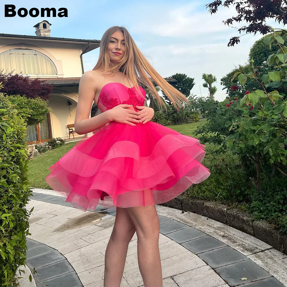 

Booma Hot Pink Organza Cocktail Dresses Sweetheart Appliques Tiered Mini Prom Dresses Lace Up A Line Graduation Party Gowns 2023