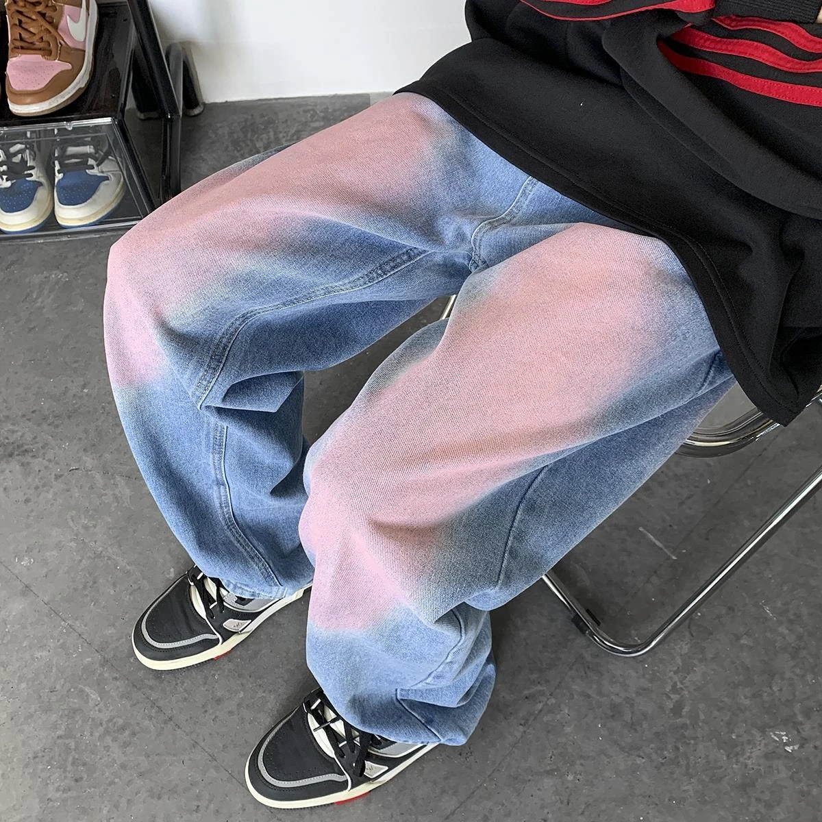 New Designer Men Gradient Jeans Pant Oversize Straight Long Trousers Black Blue Hip Hop Young Streetwear Clothes