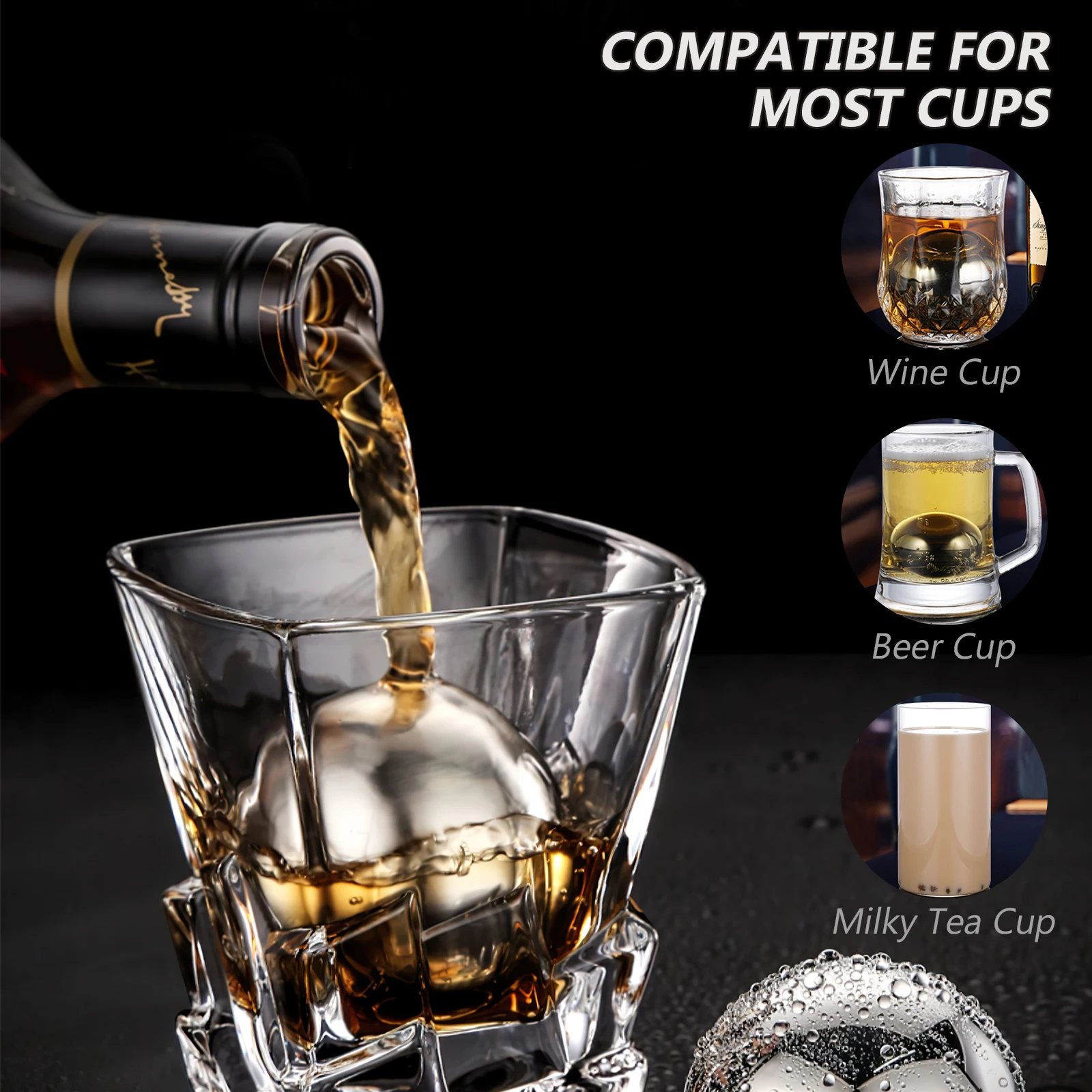 55mm Stainless Steel Ice Cubes Reusable Whiskey Spherical Keep Flavor Beverage 2Pcs