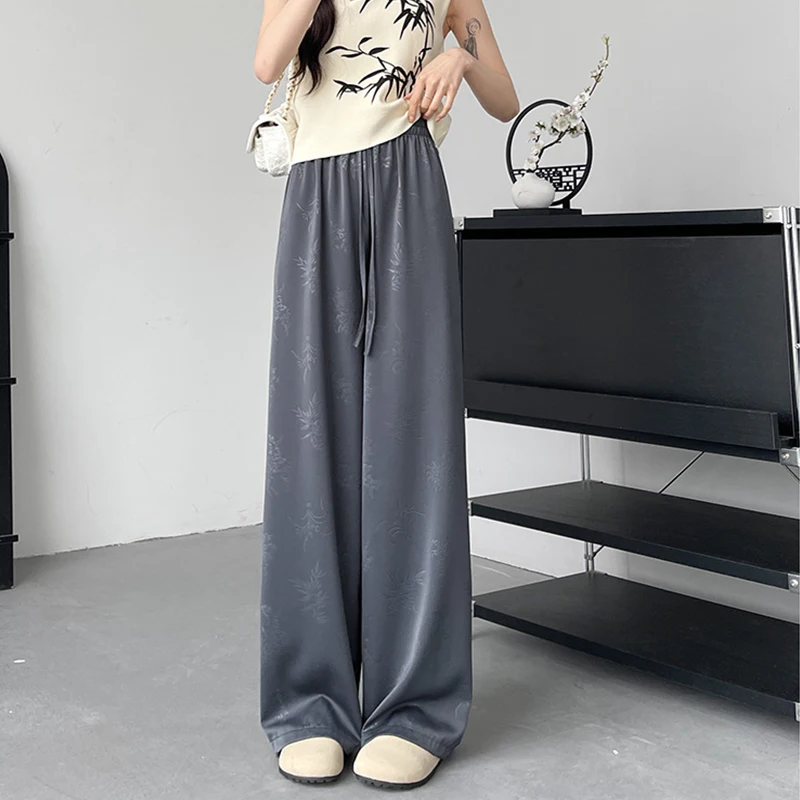 Women Elegant Summer Satin Chinese Style Straight Pants Streetwear Vintage Wide Leg Pants Casual Loose High Waist Trousers
