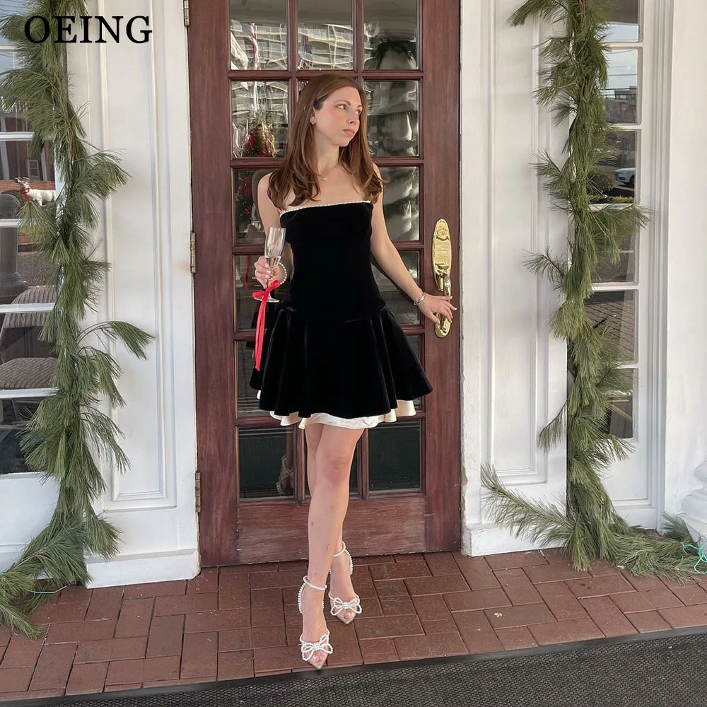 

OEING Short Black Velvet Prom Dresses Mini Strapless Arabic Cocktail Dress Lady Night Event Dress Simple Evening Party Gowns