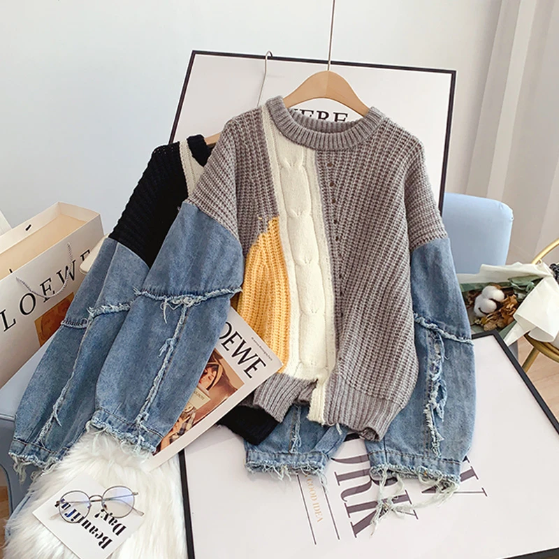 

Denim Sweaters Women Knitted Pullovers Korean Style Loose Top 2023 New Fashion Autumn Winter Patchwork Knitted Jumper