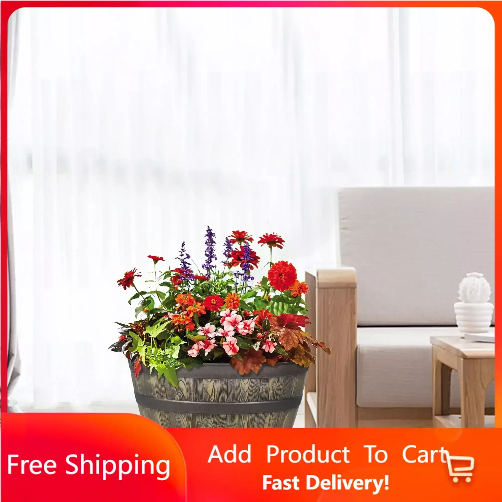 

20" X 20" X 13" Round Brown Resin Whiskey Barrel Plant Planter with Weather Resistant Material Pots for Plants g