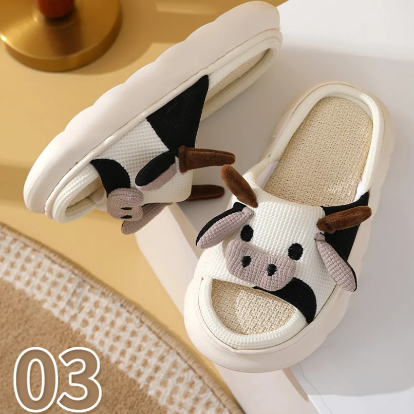 

Home Slippers Frog Cow Women Summer Cute Linen Couples Indoor House Non Slip Thick Funny Sandals Cartoon Kawaii Shoes 2024 New
