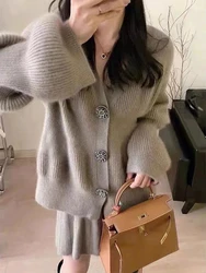 2023 Autumn Winter Temperament Elegant Knitted Cardigan Skirt Two Piece Women's New Fashion Casual Female Knit Loose Set Female