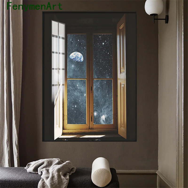 Nordic Window Outside Landscape Canvas Painting Wall Art Starry Wall Posters for Living Room Home Decor Modern Art Print Picture