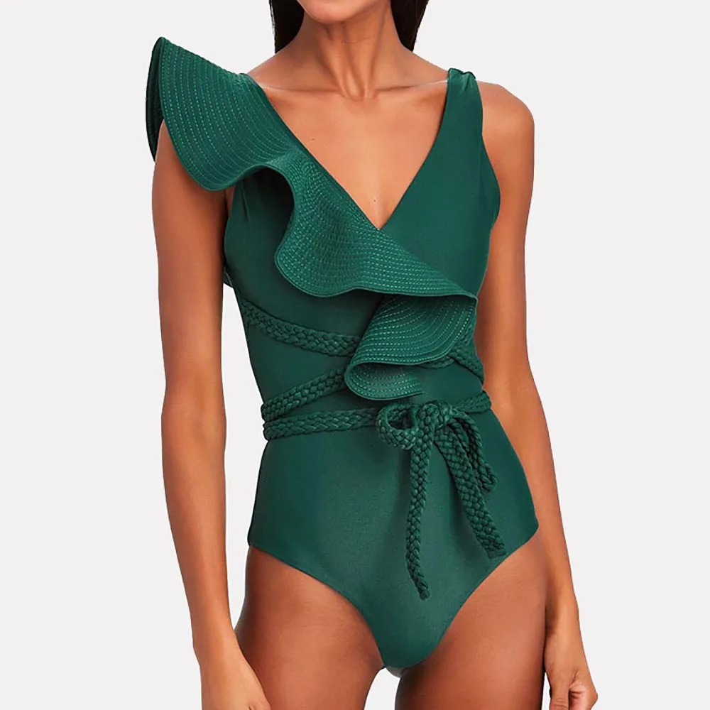 

Swimwear Women One Piece Swimsuits Deep-v Beach Wear Shoulder Solid Ruffled Plus Size Bathing Suit Summer Micro Bikini