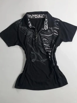 Vintage Y2k T-shirt Polo Letter Print 90s Slim Goth Punk Aesthetic Harajuku Summer Woman Clothes Streetwear Crop Top Grunge Tees 1