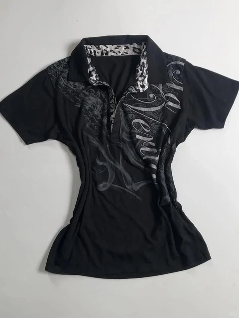 T-shirt Polo Vintage Y2k avec lettres imprimées des années 90, Slim, gothique, Punk, esthétique, Harajuku, vêtements d'été pour femmes, Streetwear, haut court, t-shirts Grunge 1