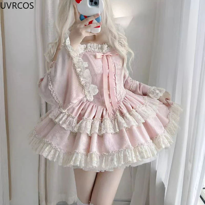Sweet Elegant Lolita Princess Dress Women Kawaii Cute Lace Ruffles Bow Slim Dresses Japan Harajuku Y2k Evening Party Mini Dress - Image 3