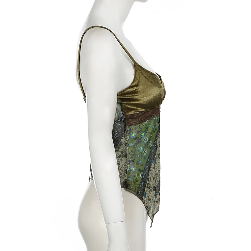 Mori Girl Style Patchwork Camis Top Y2K Aesthetic Vintage Green Sexy V Neck Tank Top Summer Asymmetry Lace-up Vest