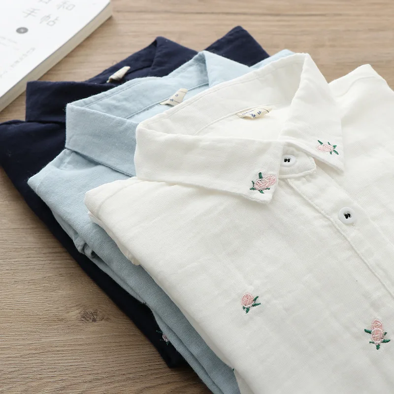 

New Spring Women Double-layer Cotton Shirts Full Sleeve Embroidery Floral Turn Down Collar Loose Casual Soft Blouse Offi