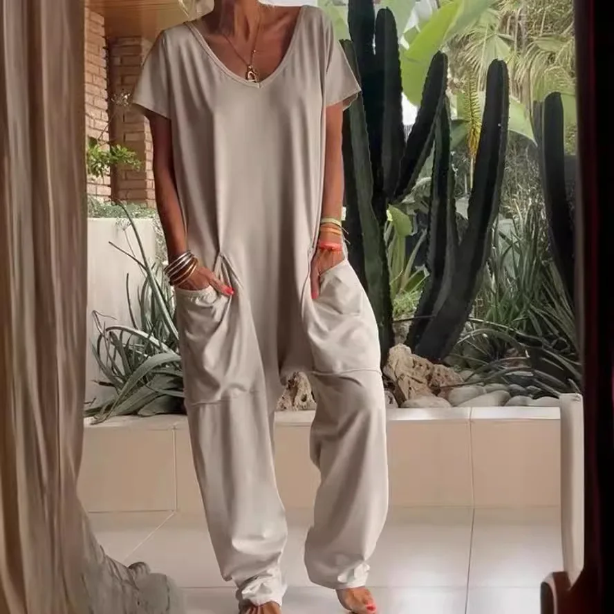 Summer Casual Solid Pocket Jumpsuit Women Fashiona Loose V-neck Short Sleeved Pocket Jumpsuit  Women