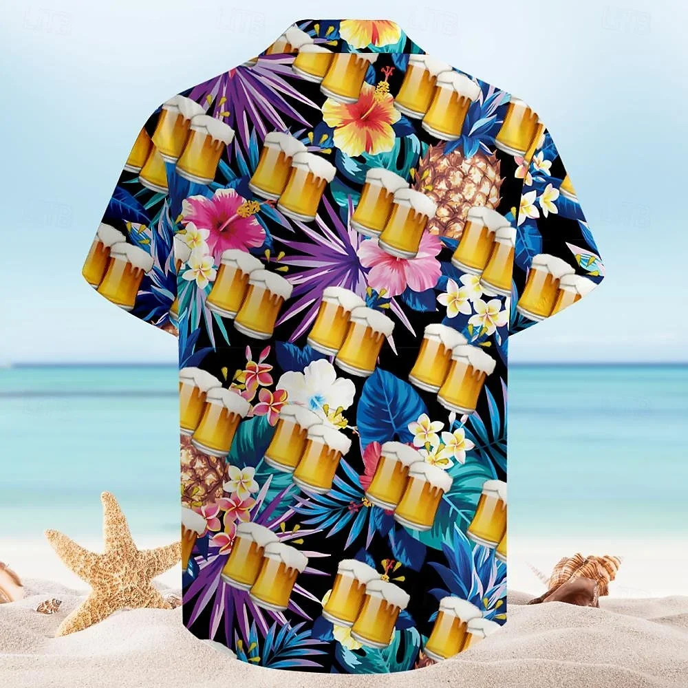 Men's Printed Short Sleeve Shirt, Leisure, Daily, Summer, Flip Collar, Button, Designer Shirt, Beer, Hawaii Resort, Party