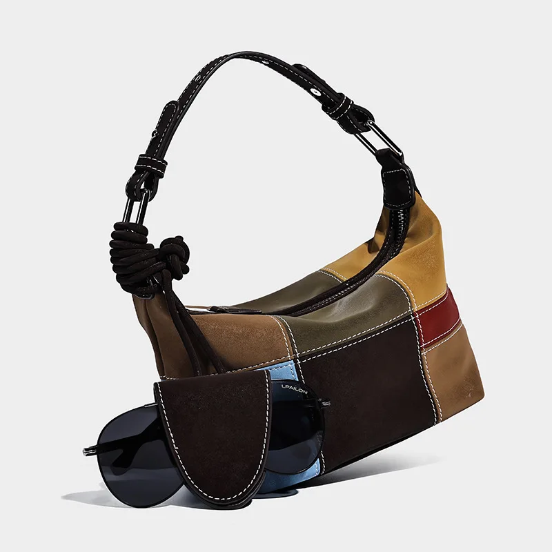 Faux Suede Mini Bags For Women Luxury Designer Handbags Purses 2025 New In Splicing Color Blocking With Eyeglasses Clip Shoulder