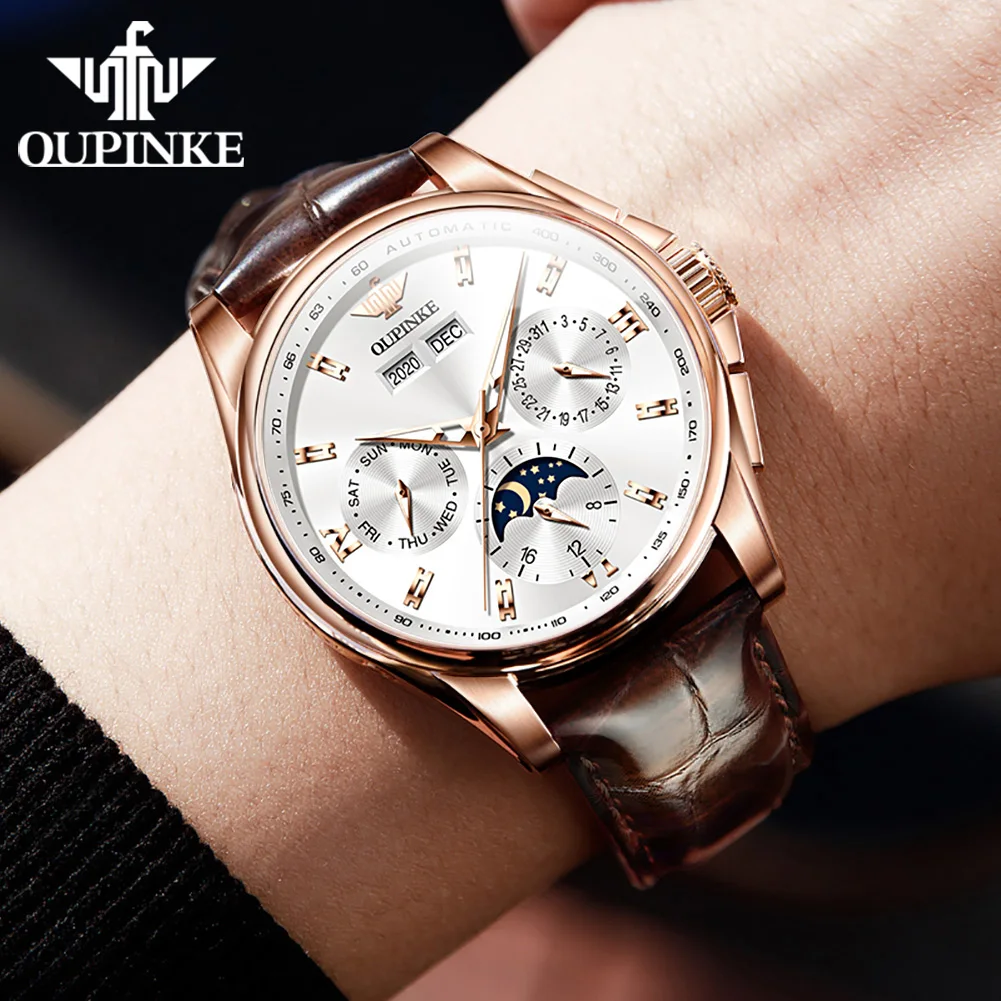 OUPINKE 3189 Luxury Men's Watch Chronograph Automatic Mechanical Watches Leather Band Waterproof Moon Phase Wristwatch Casual