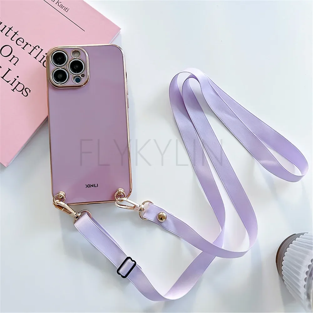 Luxury Plating Crossbody Lanyard Case with Strap Cord and Silicon Cover