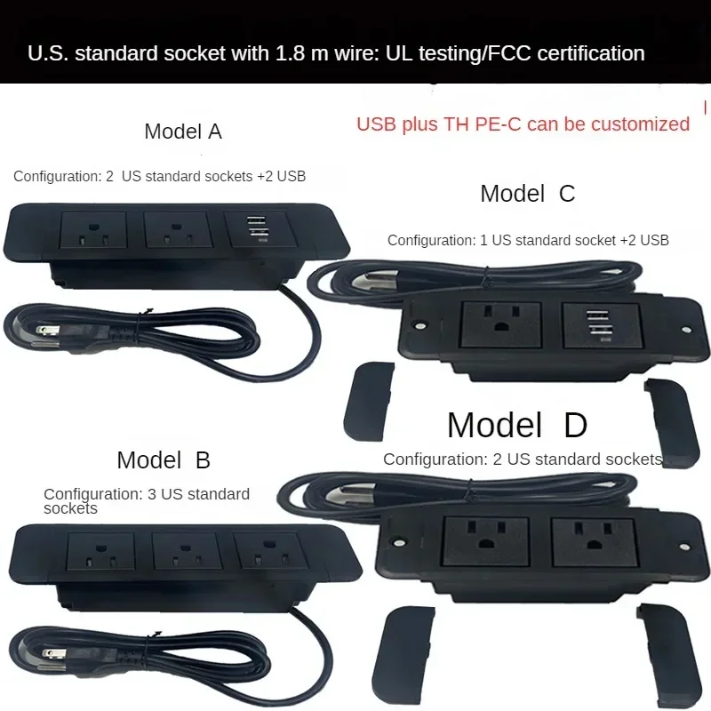 Table Hidden power Sockets EU/UK/US/AU 3 Outlet 2 USB Embedded Power Bedside Table Row Office Desktop 10A 110V 220V Black Socket 2