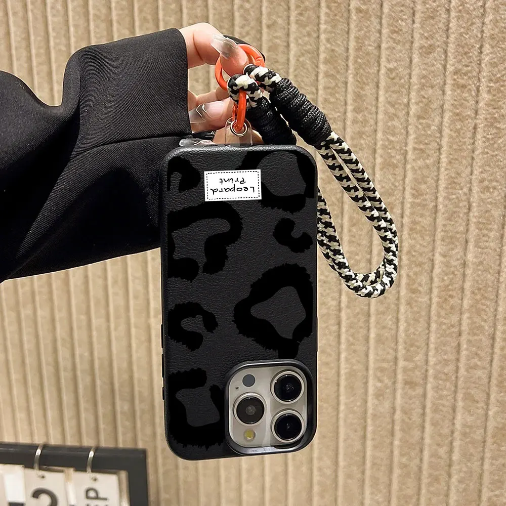 Leopard Print Lanyard Strap Phone Case with Lichee Pattern Cover