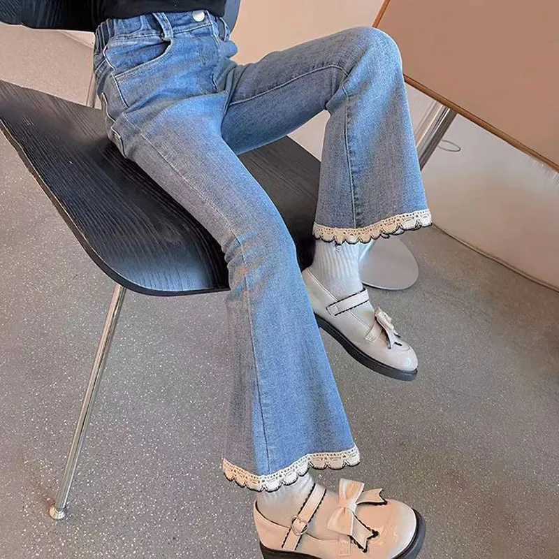 سراويل جينز للأطفال من الدانتيل على شكل قلب ، بنطلون جينز غير رسمي للأطفال ، خصر مرن ، بنطلون سادة للفتيات ، 4-12 سنة ، الخريف