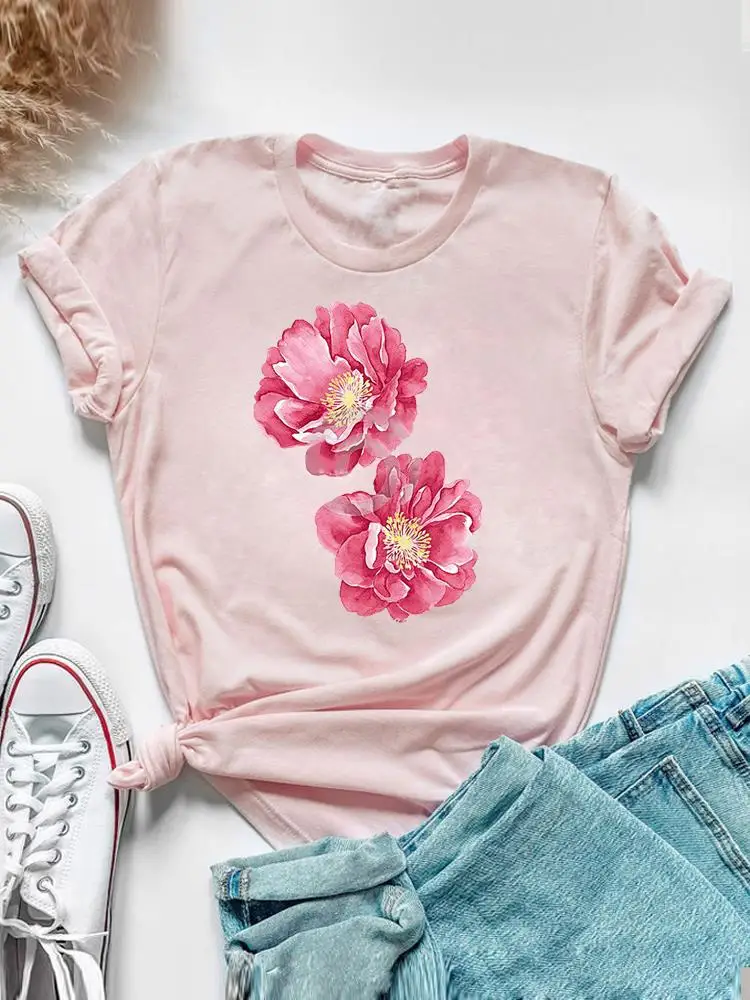 Sweet Watercolor Flower 90s Clothing Short Sleeve Tee Top Summer Graphic T Shirt Women Fashion Casual Female Print T-shirt