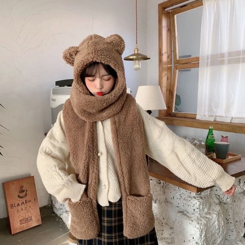 Autumn And Winter Cartoon Cute Bear Hat Scarf Three-in-one Korean Style Hat Warm And Comfortable Ear Protection All-in-one Hat 4