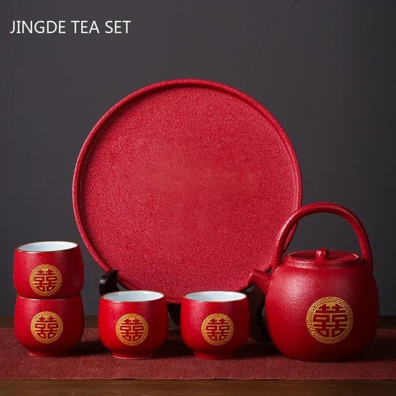 Tea Set Customized Boutique Red Ceramic Chinese Wedding Handmade Exquisite Teaware Supplies Household Teacup Drinkware