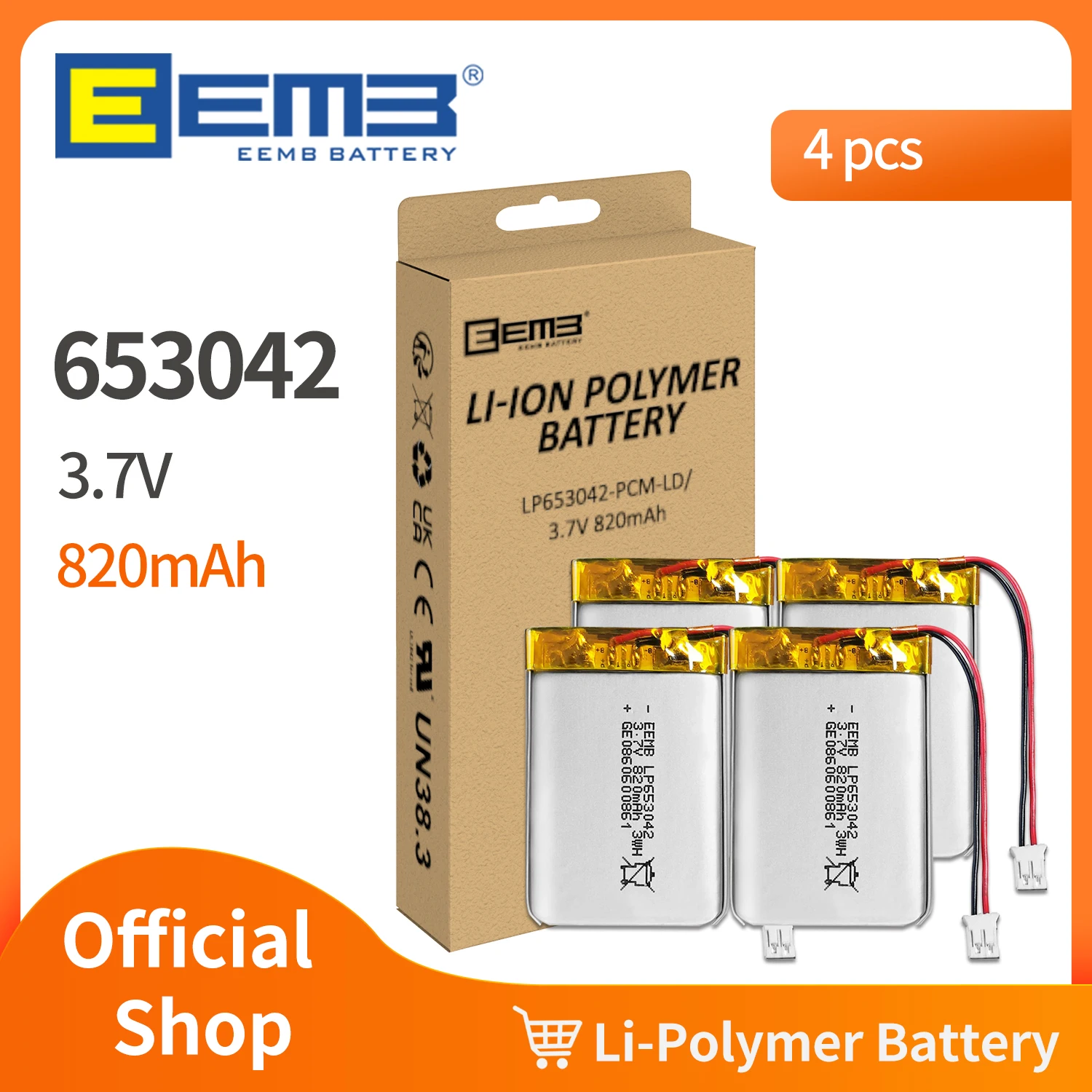 

EEMB 4PCS 3.7V Battery 800mAh 653042 Rechargeable Lithium-ion Polymer Battery Lipo Cell for Cameras Bluetooth Computers Doorbell