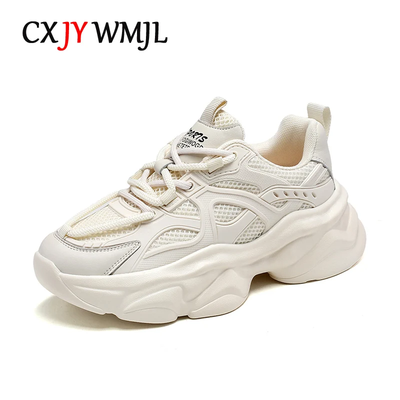 

CXJYWMJL Genuine Leather Chunky Sneakers Women Spring Thick Bottom Casual Vulcanized Shoes Ladies Summer Platform Sports Shoes
