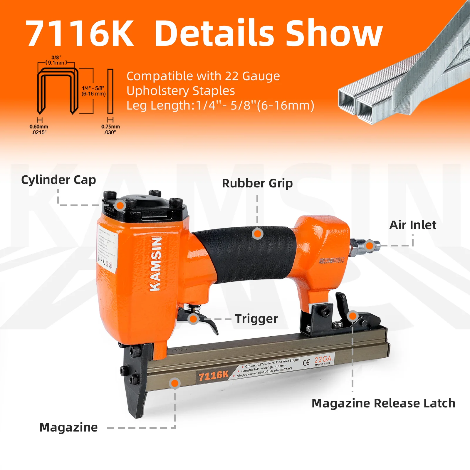 KAMSIN DIY Furniture Construction Stapler 7116K 22Gauge Pneumatic Upholstery Stapler Gun 3