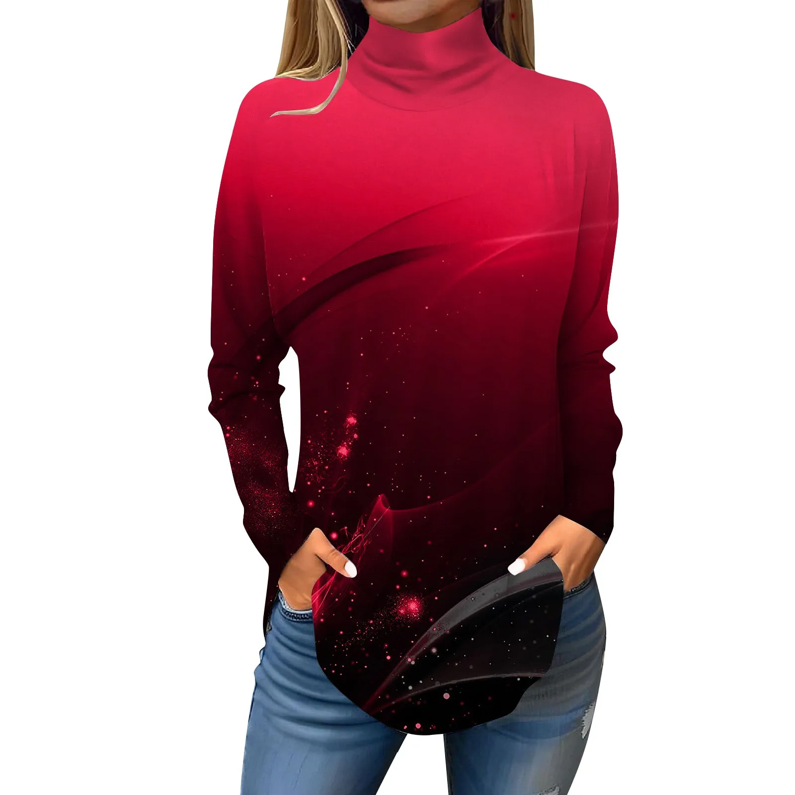 

New Tee Shirts For Women Fall Casual Long Sleeve Sweatshirt Gradient Color Spring High Neck Geometric Print Pullover Ropa Mujer