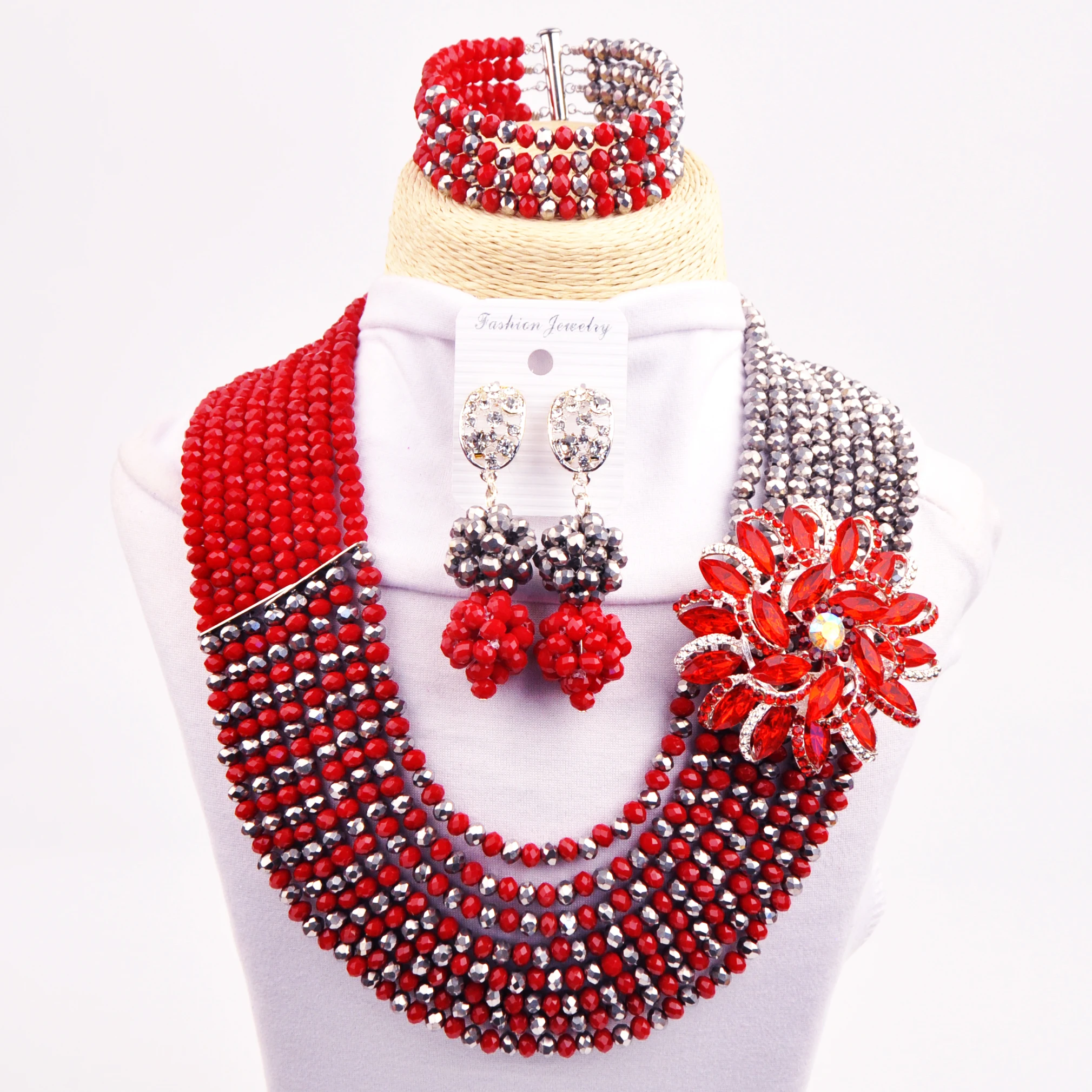 

Непрозрачное красное и серебряное Африканское Ожерелье хрустальные бусины комплект ювелирных изделий