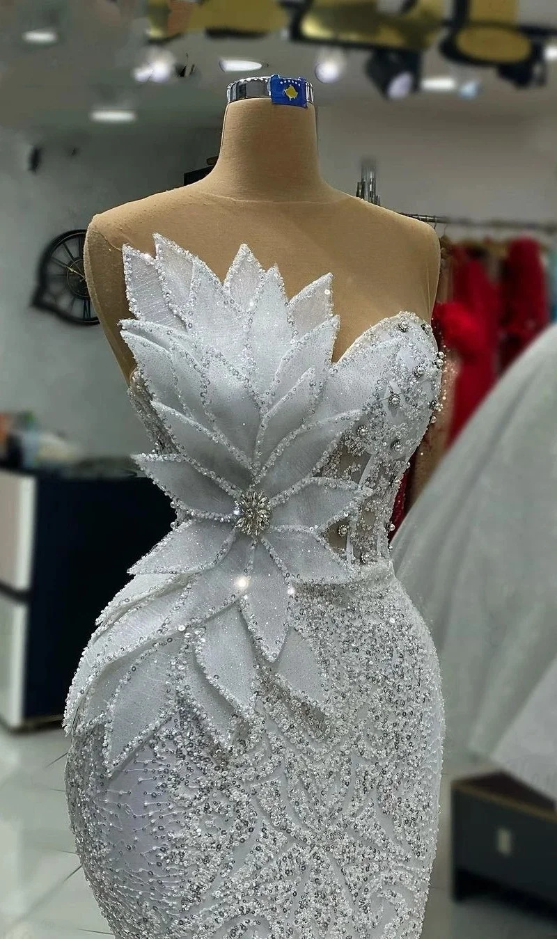 Women Prom Dresses White African Prom Dresses Long Glitter Mermaid 3D Leaf Beaded Corset Evening Party Birthday Gown Special Occasions Customized