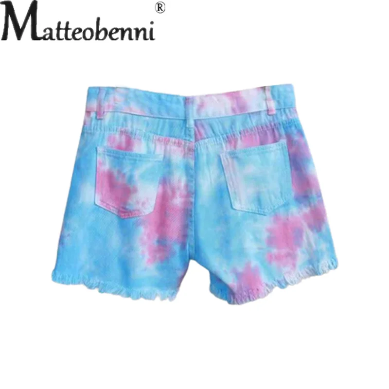 Sweet Style Colourful Tie-dye Denim Shorts Female Fashion Tassel Straight Three Quarter Pants Streetwear Women New 3-point Jeans