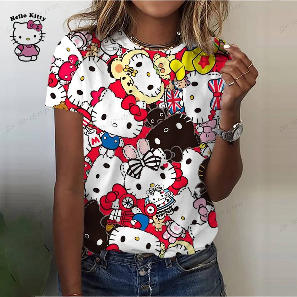 

Футболка женская с графическим принтом Hello Kitty, Повседневная модная рубашка с коротким рукавом, топ с принтом 90-х, на лето