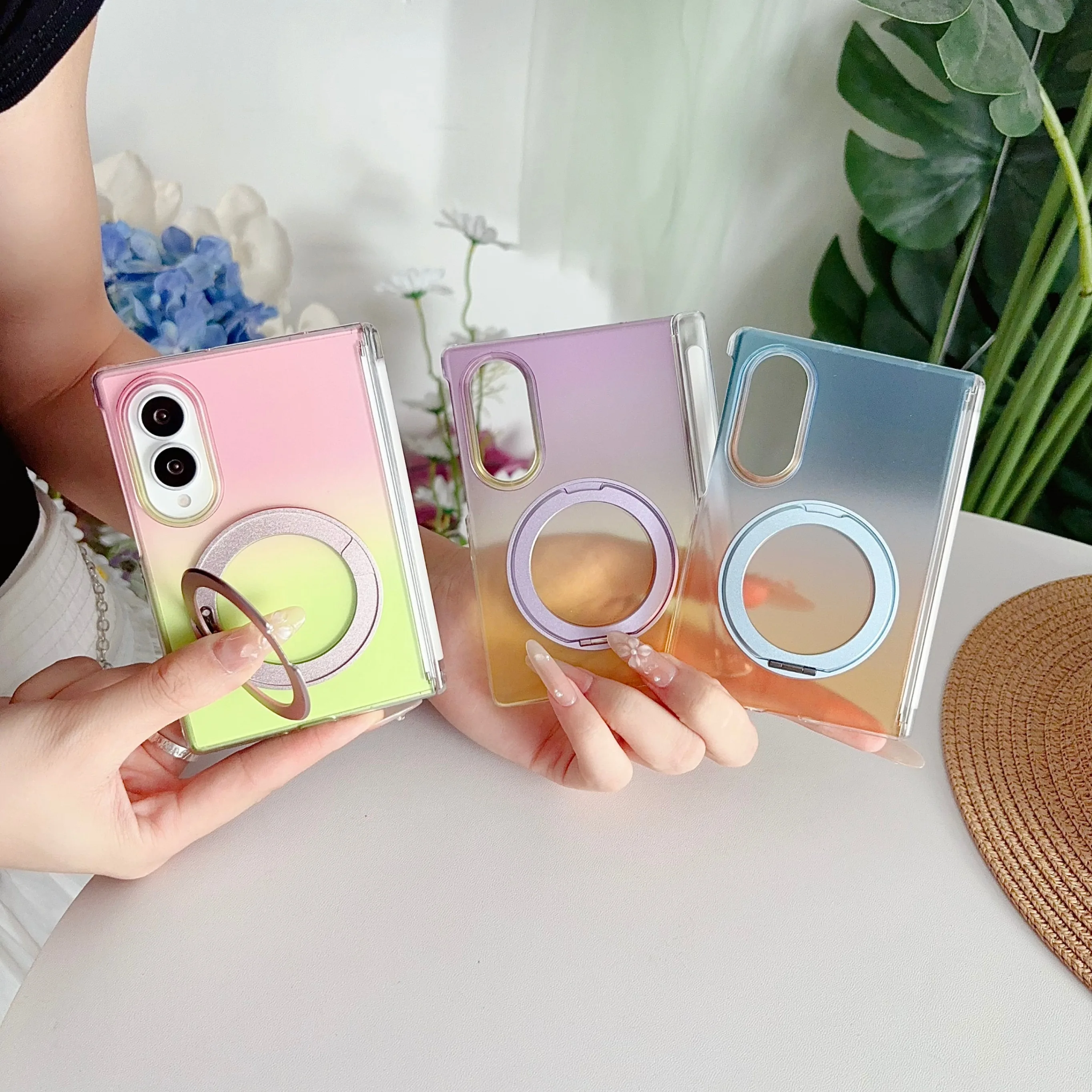 Stylish Gradient Acrylic Case with Built-in Magnetic 360° Rotating Stand and Wireless Charging Compatibility