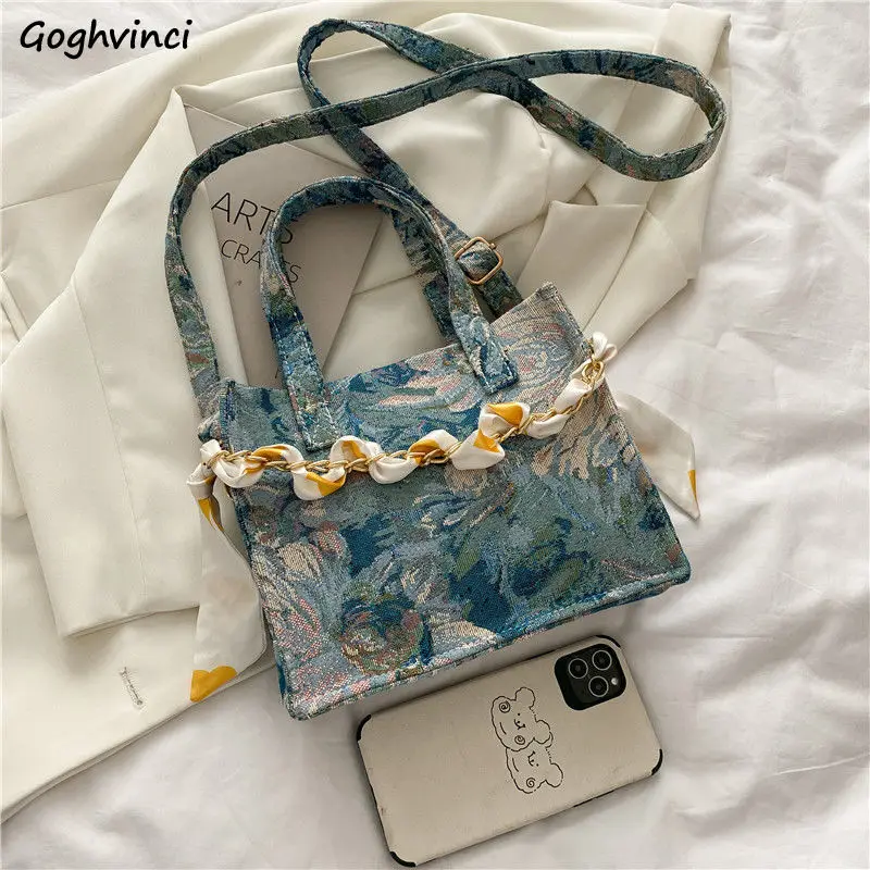

Women Shoulder Bags Aesthetic Ribbons Design Oil-painting Canvas Bag Large Capacity Chain Totes Texture Elegant Ladies Crossbody