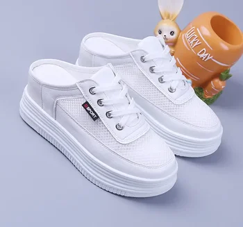 ⁦Mules White Platform Round Toe Height Outside with Strap Women's Slippers and Ladies Sandals Thick Slides Shoes on Offer Y B W I⁩ – תמונה ⁦4⁩