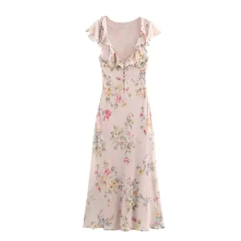 Elegante Abito Lungo Floreale in Stile Francese per Donne, Scollo a V Profondo, Maniche con Volant, Outfit Estivo Casual per Vacanze