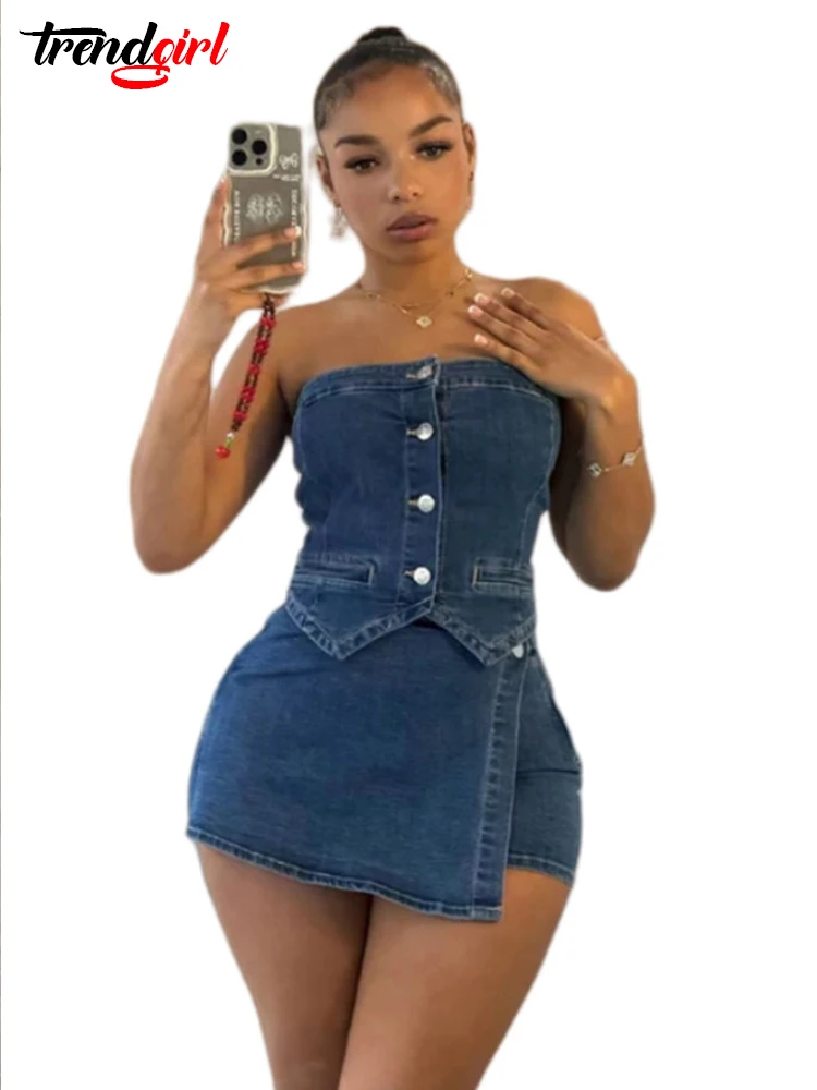 Trendgirl Summer Sexy Shorts Skirts Jean 2 Two Pieces Sets Women Club Outfit Strapless Elastic Crop Tops Denim Stretch Blue Suit