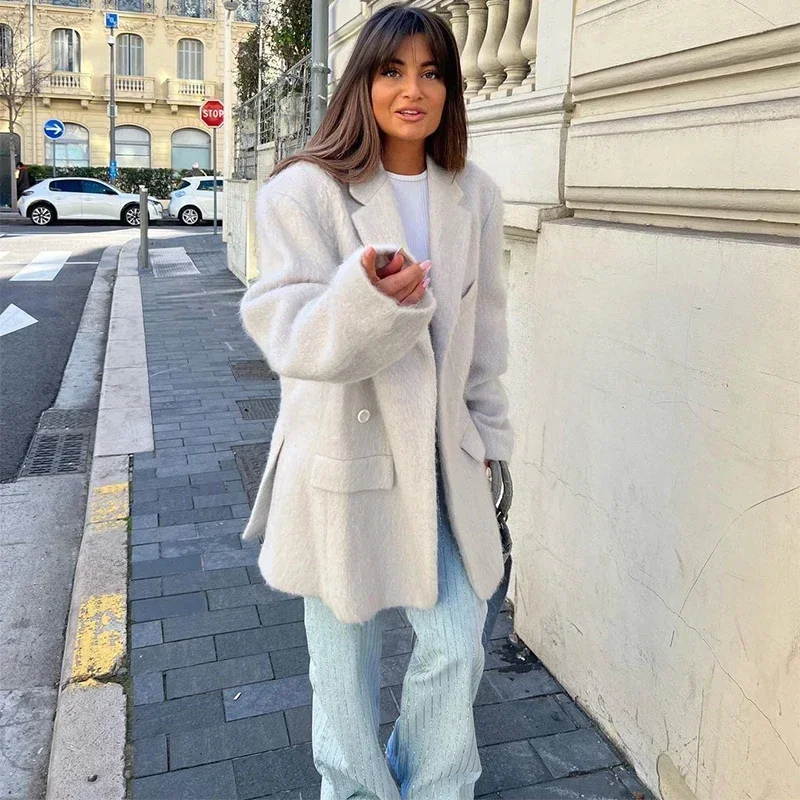 White Mohair Blazer Coat Women Loose Lapel Single-breasted Long Sleeve Thick Warm Jackets 2025 New Office Lady Street Outerwear 9 White Mohair Blazer Coat Women Loose Lapel Single-breasted Long Sleeve Thick Warm Jackets 2025 New Office Lady Street Outerwear