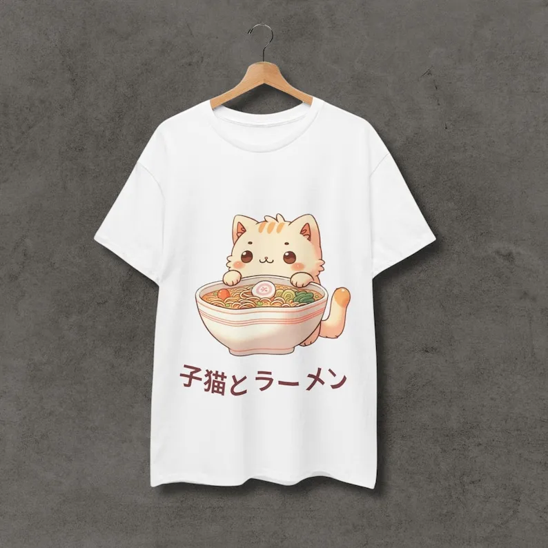 

Kawaii аниме футболка-Кот с рамен | Рубашка унисекс