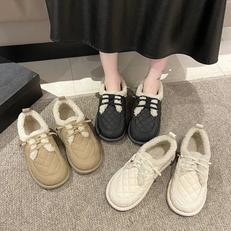 Women's Casual Shoes Round Head Flat Short Plush Inside 2023 Winter New Warm Korean Women's Shoes Zapatos Para Mujeres 36-40