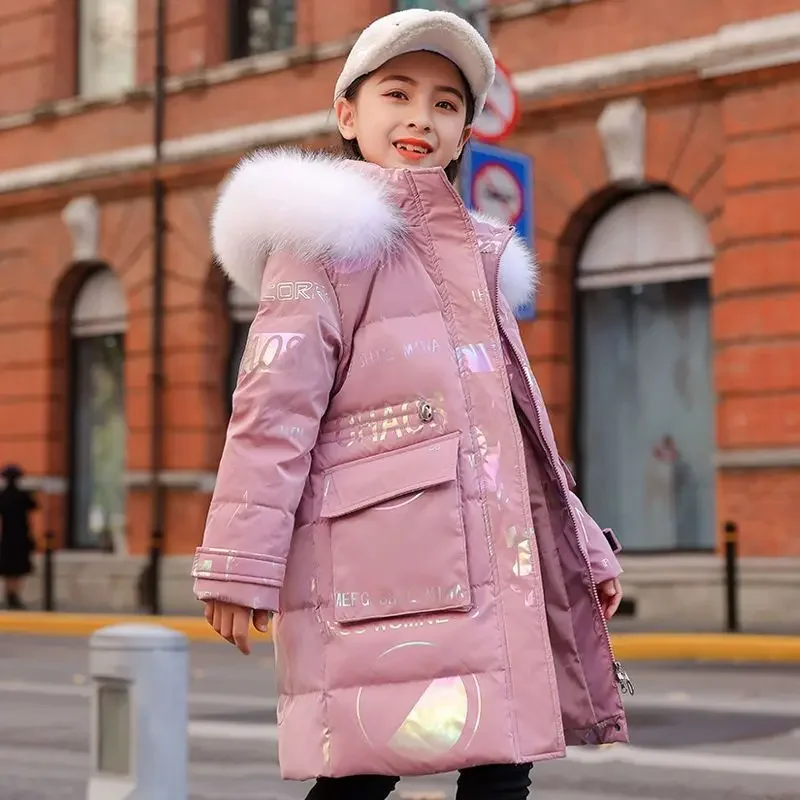 

-30 Degrees Girls Winter Cotton Jacket with Bright Surface No Wash Parka Foreign Style Thick Outerwear 5 6 7 8 9 12 13 Years Old
