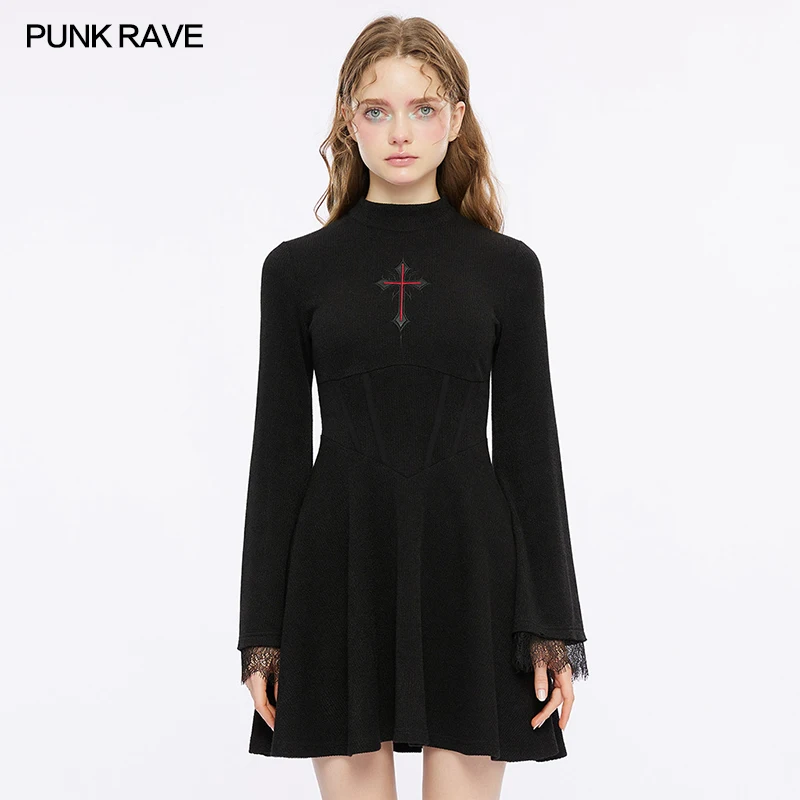 

PUNK RAVE Women's Light Gothic Cross Embroidered Basic A Line Dress Flared Cuffs Decorated with Lace Sexy Black