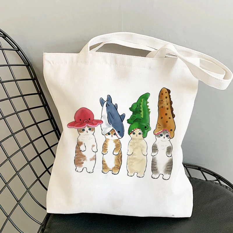 Sac fourre-tout de dessin animé Kawaii Chats pour femmes, sac de plage Manga, sacs à provisions, sacs à main en toile, haute capacité, initié