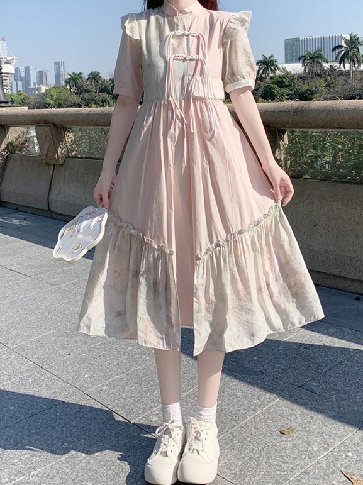 

Chinese Style Preppy Mori Girl Kawaii Standing Collar Chinese Knot Lace Ruffled Elegant Temperament Pink Dresses For Women