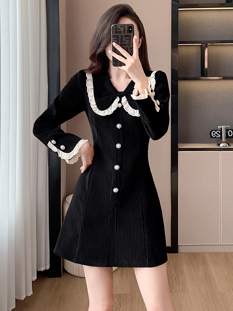 

France Spring Fall Corduroy Dress New High Quality Women Peter Pan Collar Long Sleeve Elegant Ladies Office A Line Mini Clothes