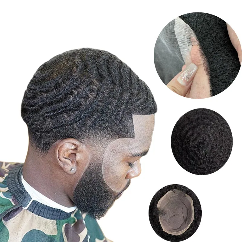 

European Virgin Human Hair Piece 8mm Afro Wave Toupee Full Lace Unit for Black Men